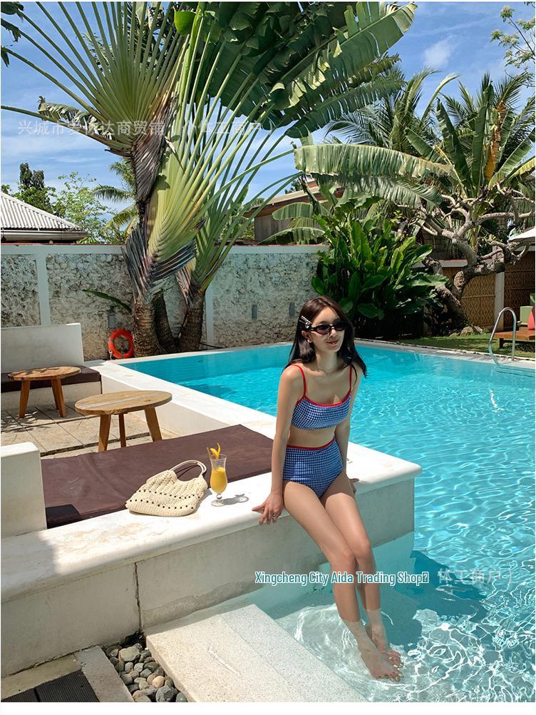 2026 Retro Korean Plaid Color Block High Waist Bikini Swimsuit