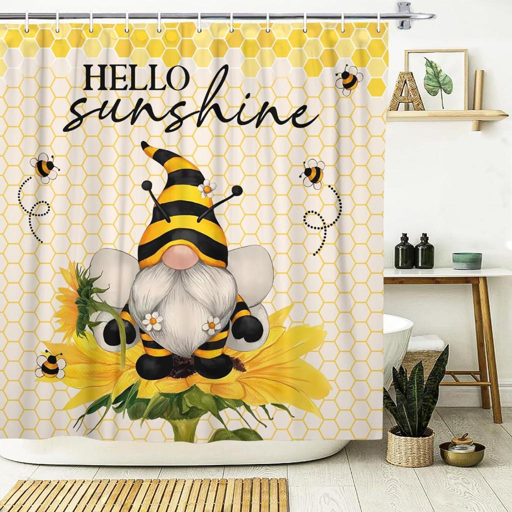 Sunflower Bees Gnomes Shower Curtain Set with Spring Summer Pattern, Waterproof Bathroom Decor for Garden Theme Bathroom