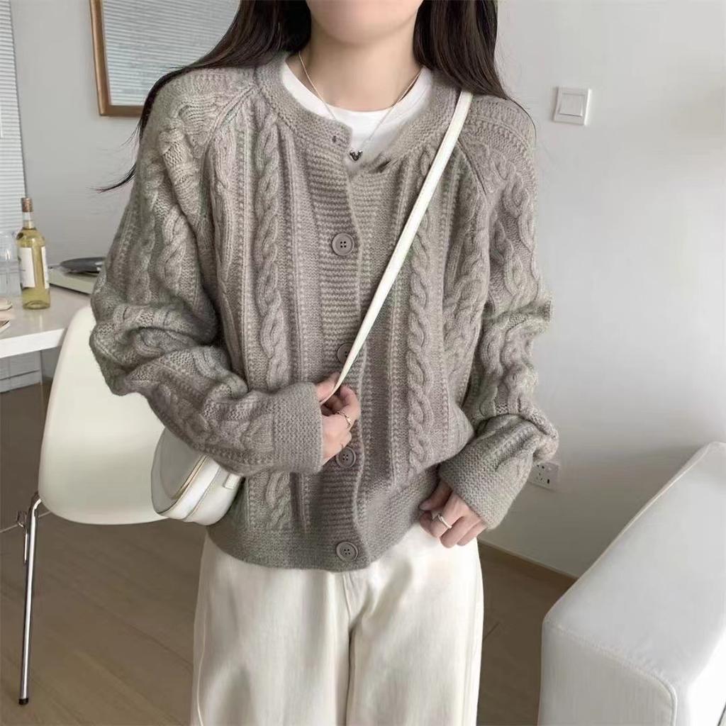 Twist knitted cardigan women's autumn and winter new versatile outerwear top thickened loose lazy wind sweater jacket