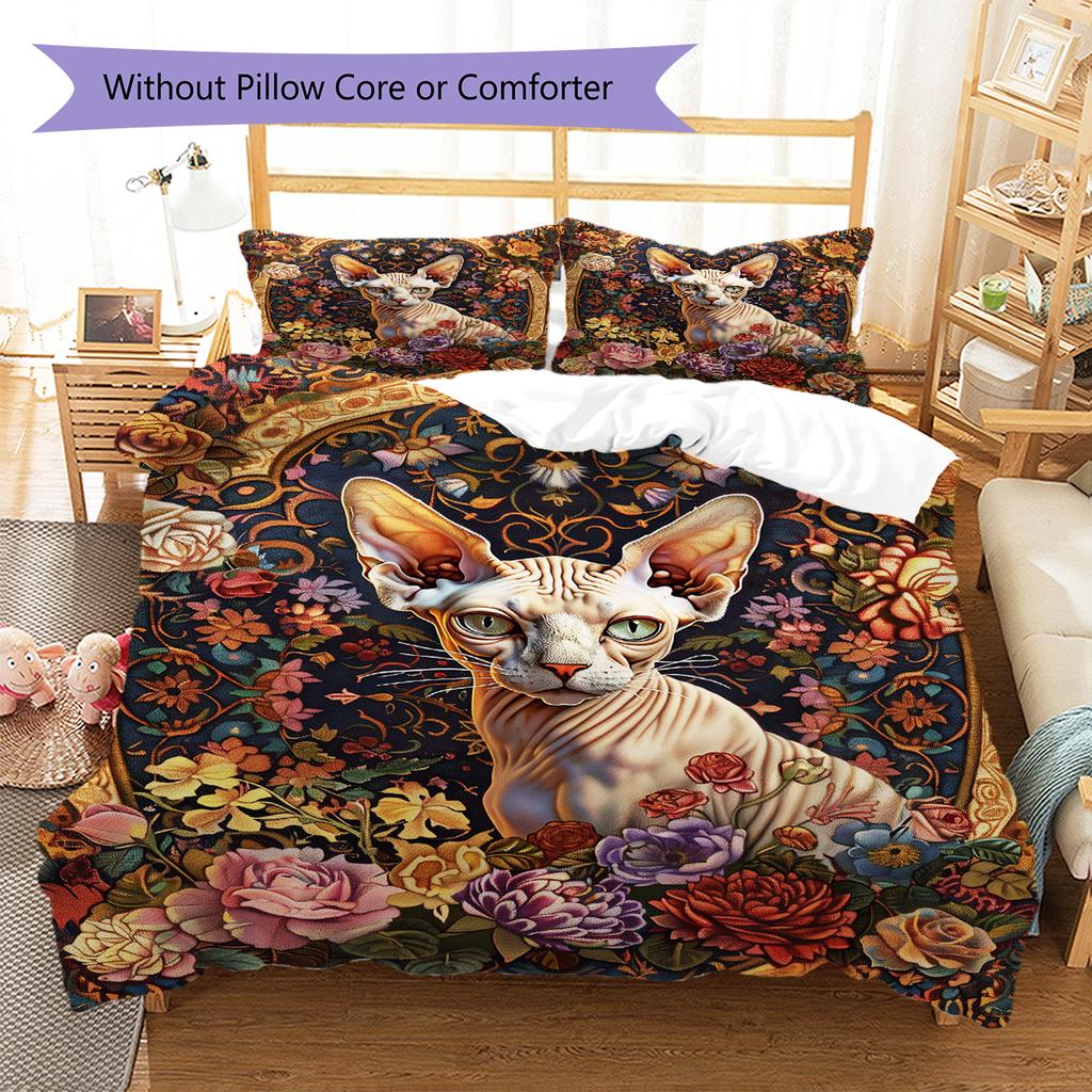 Boho Floral Cat Pattern Bedding Quilt Set Quilt Cover Pillowcase Home Decoration Birthday Gift (1 * duvet cover + 2 * pillowcase, without core)