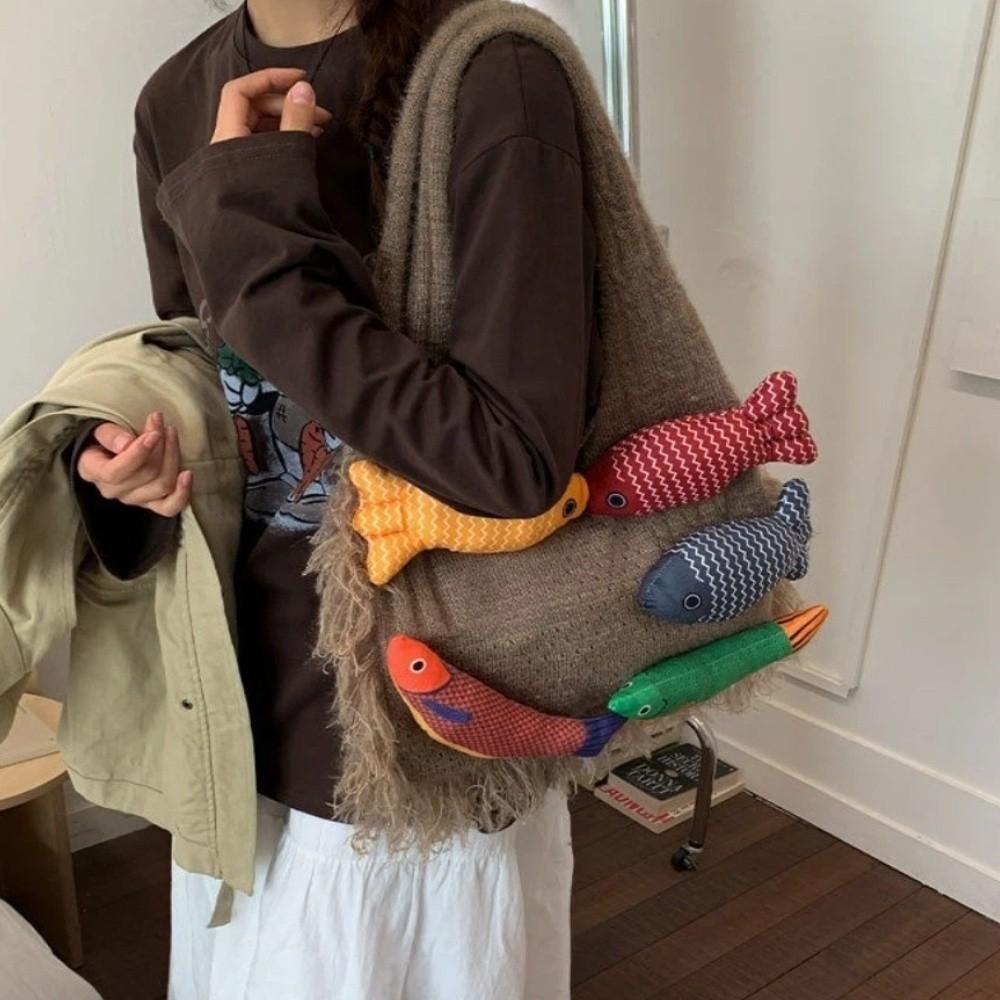 Large Capacity Knitted Tote Bag Casual Boho Shoulder Bags Fish Pattern Woven Bag  Gift Idea