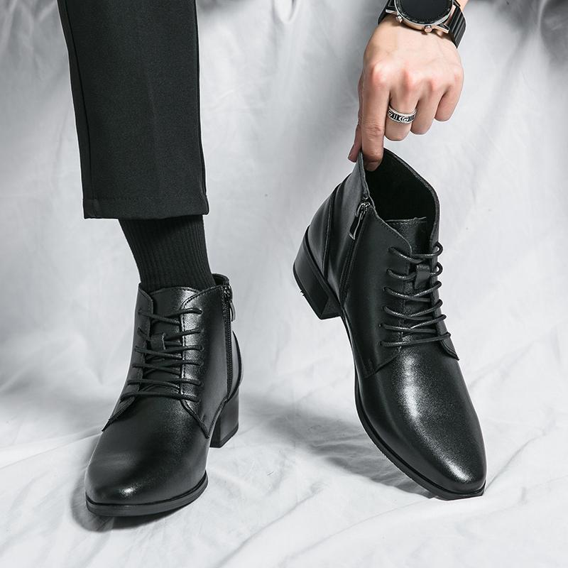 Fashion Pointed Toe Men Shoe New Male High Heels Ankle Boots Genuine Leather Men Casual Pointed Toe Shoes Side Zipper Men  Boots