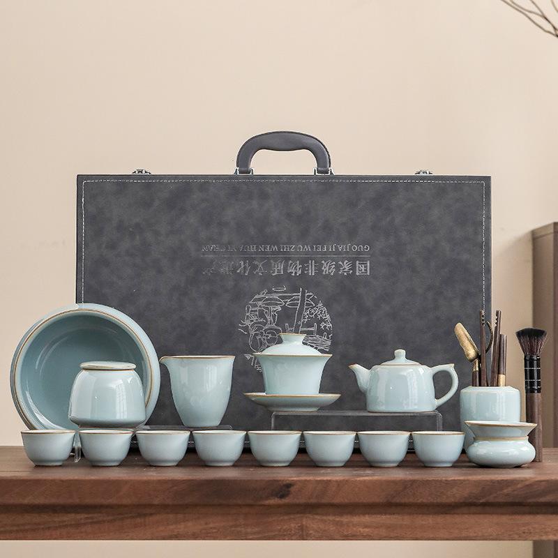 16-Head Xinru Kiln Chinese Kung Fu Tea Set, High-end Light Luxury Atmospheric Gift Box, Which Can Be Raised and Opened To Receive Gifts from Guests