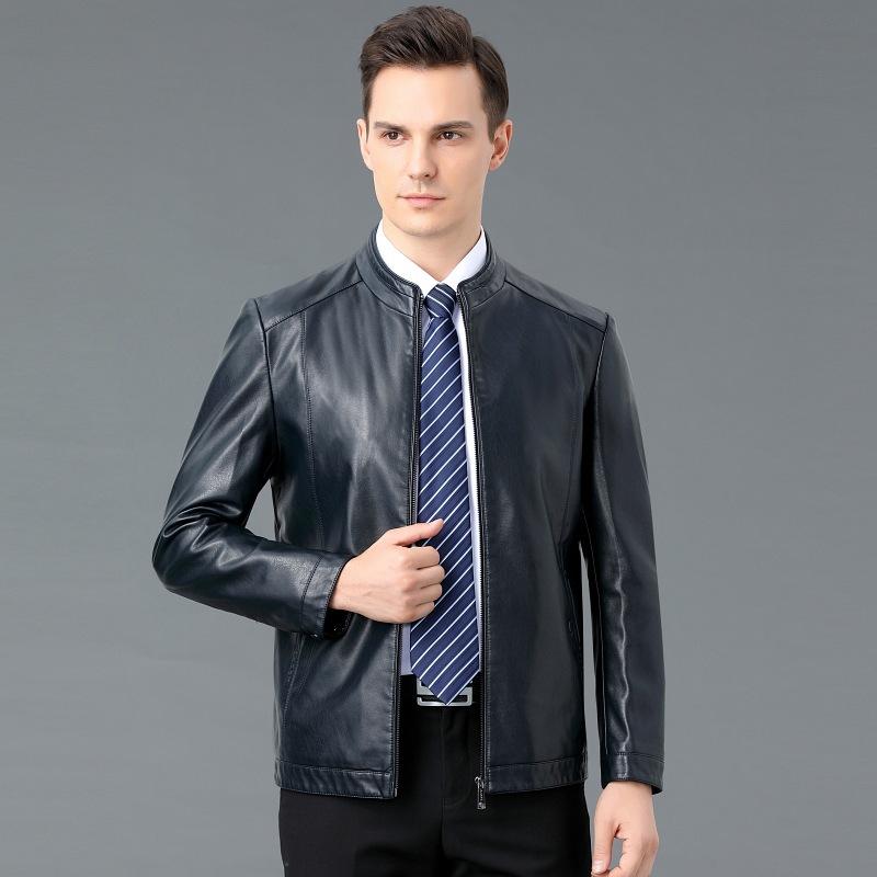 New Style Leather Jacket for Young and Middle-aged Men, Autumn Thin Sheepskin Plus Velvet Stand Collar Leather Jacket, Men's Dad Wear
