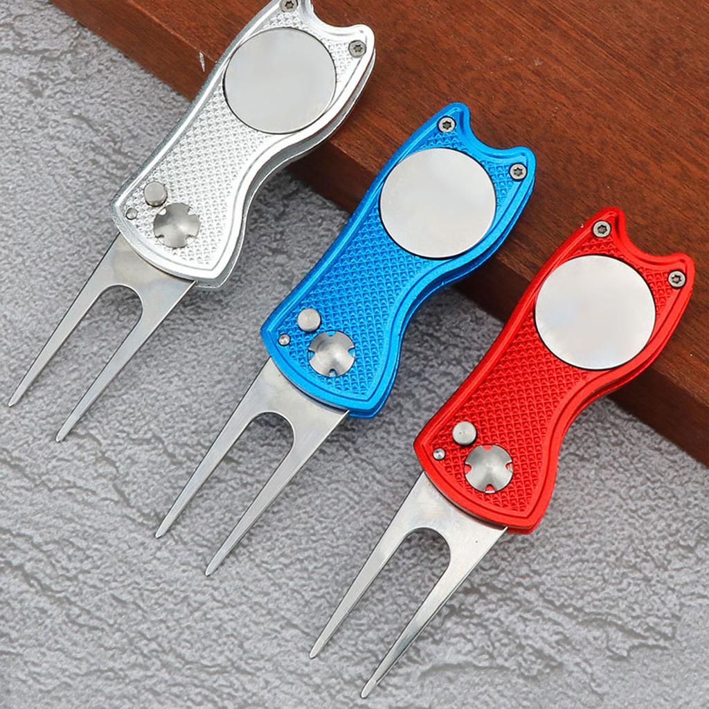 Metal Golfs Divot Tool Golfs Divot Repair Tool with Magnetic Golfball Marker and Button Foldable Metal Green Tool