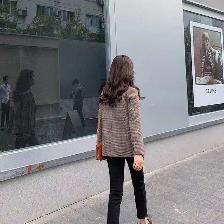 Sacou damă petite cu carouri houndstooth - Stil coreean și britanic 2025 pentru primăvară/toamnă