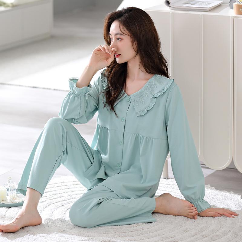 Damenpyjama Integriertes Reines Baumwoll-Langarmset mit Brustpolstern Damen Übergröße Loungewear