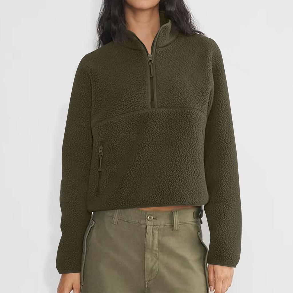 Women's Short Half-Zip Fleece Sweatshirt Plush Warm Cardigan