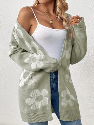 Mid To Long Autumn and Winter Sweater Jacket for Women, Loose Contrasting Flower V-neck Long Sleeved Knitted Cardigan