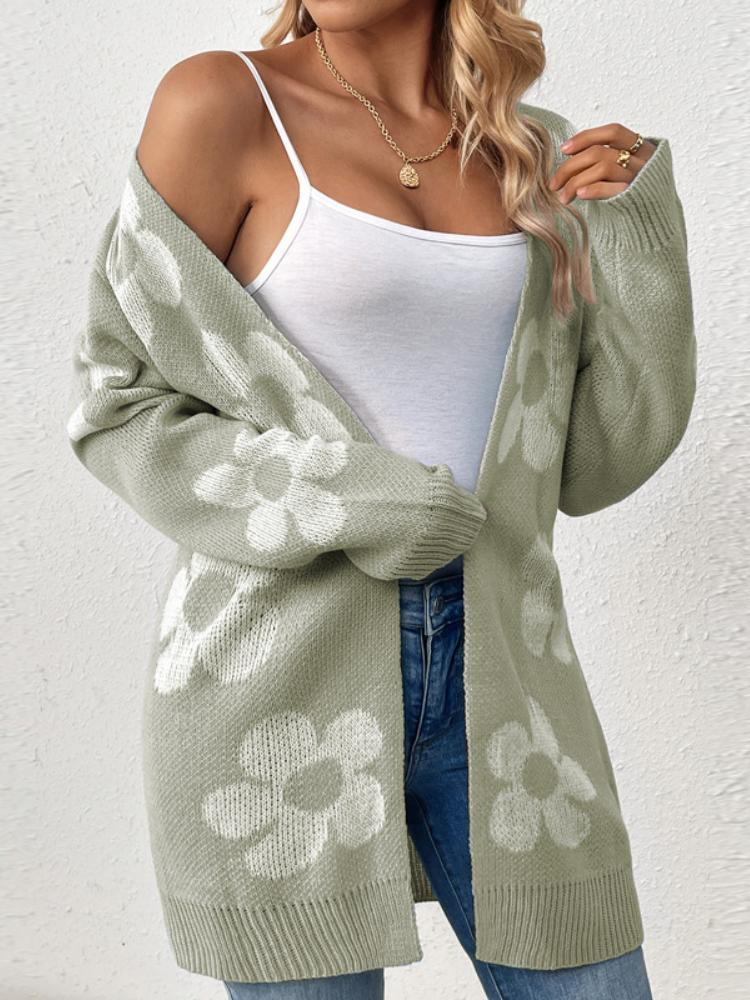 Mid to long autumn and winter sweater jacket for women, loose contrasting flower V-neck long sleeved knitted cardigan