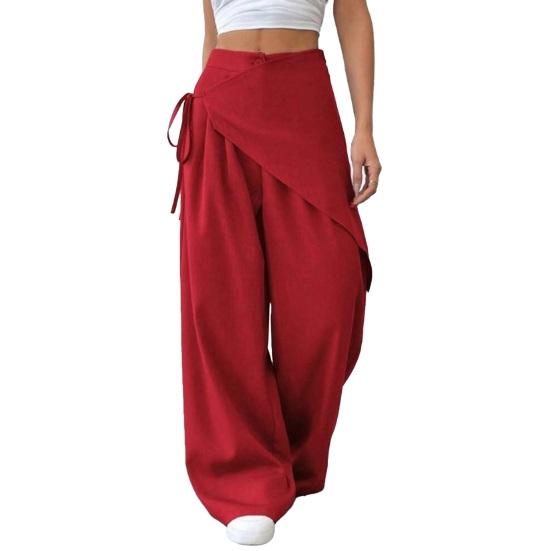 Yousheng Women Long Pants, Oversized Wide Leg Trousers with Apron Decor, Pure Color Elastic Waist Casual Pants for Daily Commuting