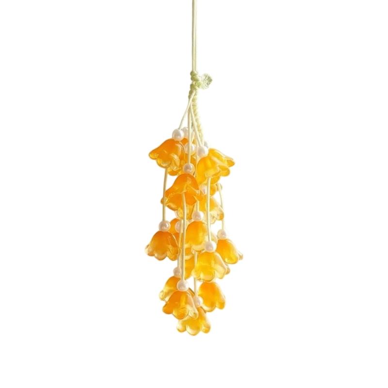 Floral Charm Strap Keychain for Bags and Phones, Valley Flower Hanging Style with Translucent Flower Drops and Bead Details