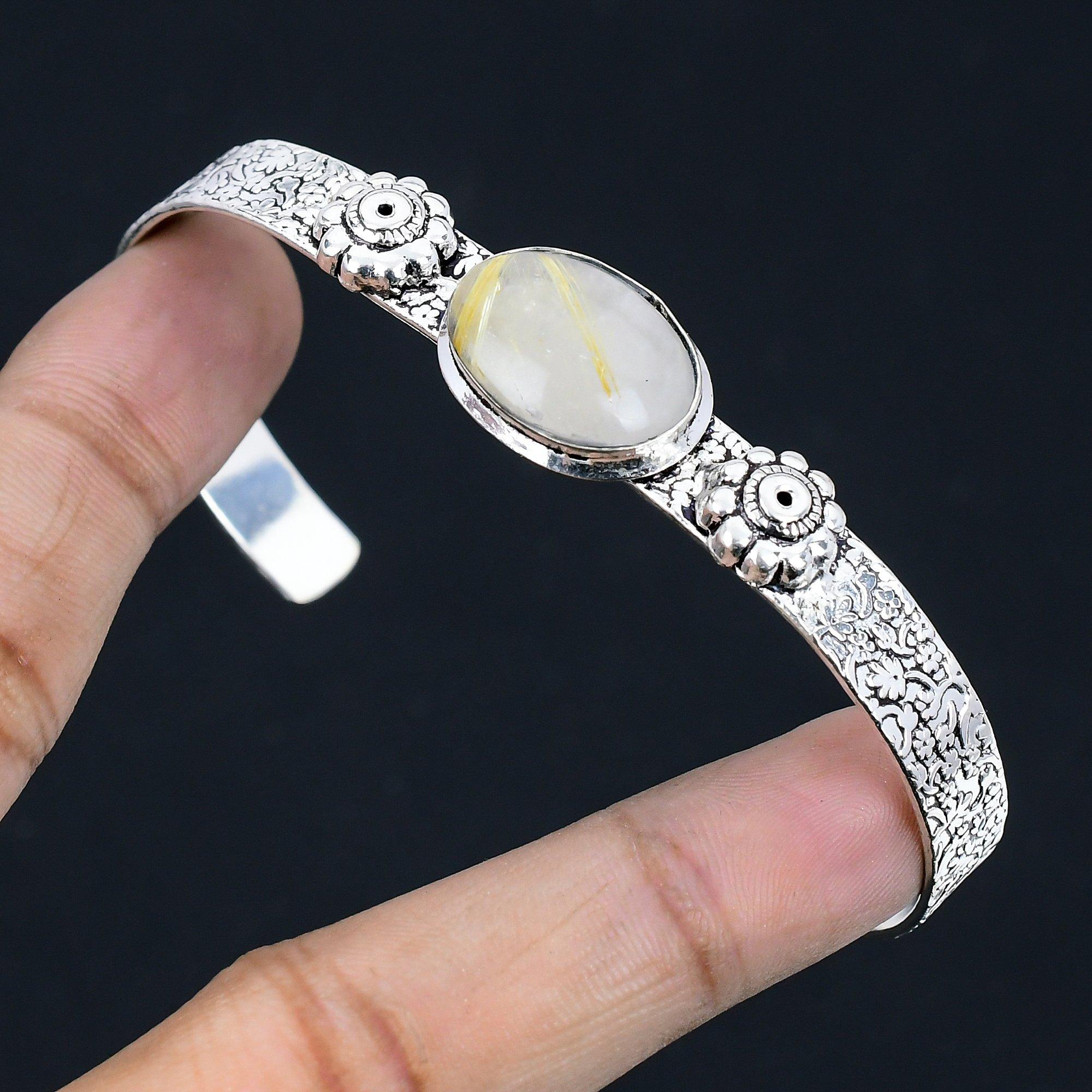 

Daughters Day Sale 925 Sterling Silver Golden Rutile Stone Ethnic Bangle Jewelry Adjustable