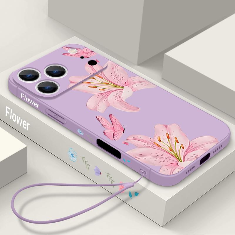 Romantic Rose Flower Pattern Lanyard Case For iPhone 17 Pro Max iPhone 16 15 14 13 Pro Max 11 16E 17E Soft Silicone Phone Back Cover