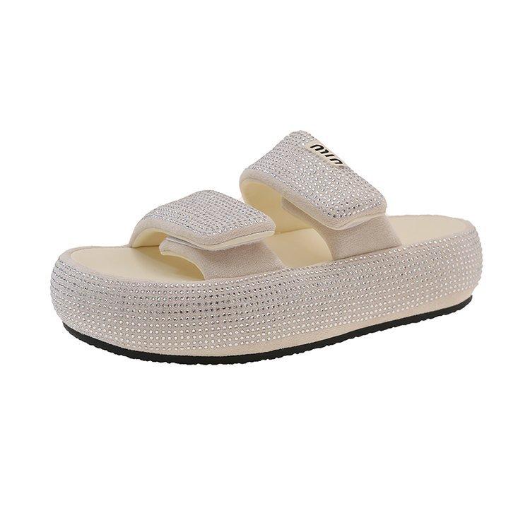 

European rhinestones full of diamonds Velcro one-word open-toed bread shoes platform muffin burst flash yellow sandals women s slippers 40 бежевий