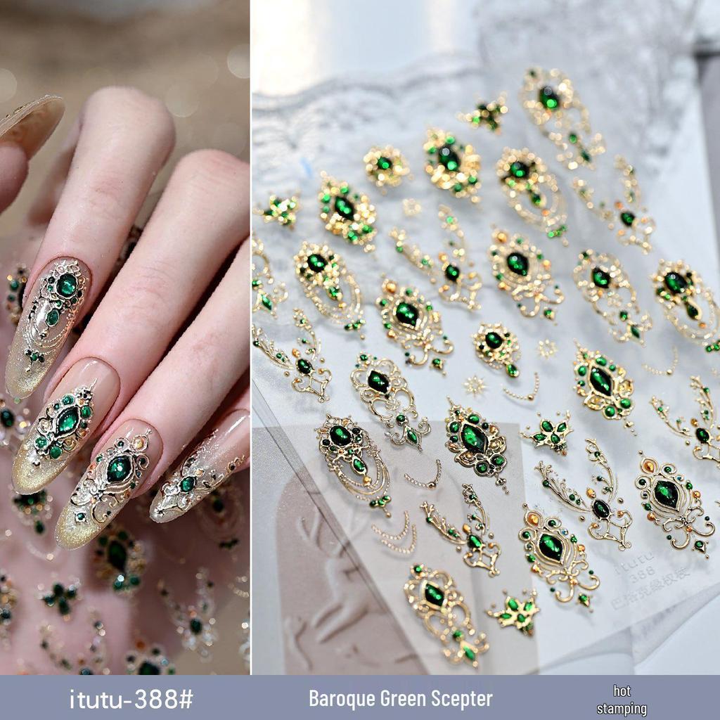 Baroque Gold Scepter Nail Stickers: Retro Gem & Luxury Court Style