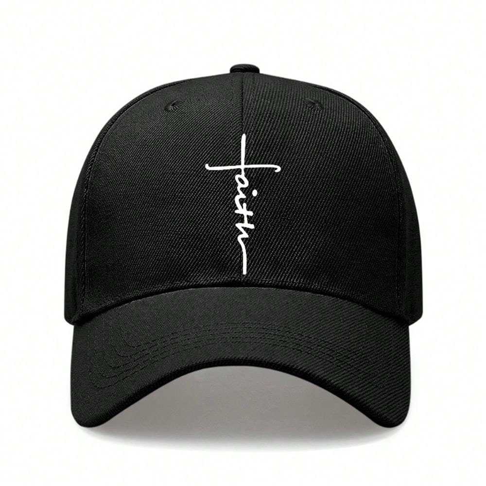 Religious Baseball Cap - Letter Faith Print Black Polyester Adjustable Breathable Curved Brim Casual Daily Wear Baseball Hat - Unisex Faith Lover чёрный
