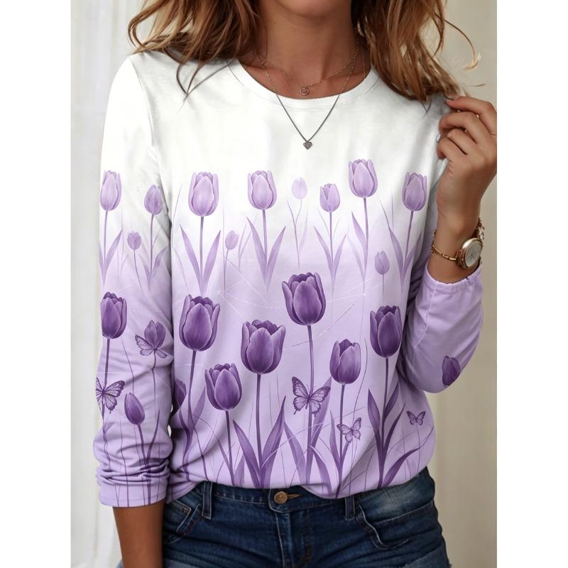 Women's Long Sleeve Crew Neck Christmas Print Casual T-Shirt, Regular Tops for Spring Summer Daily Holiday Party Wear