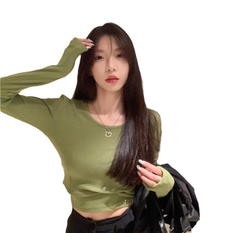 

Короткая внутренняя футболка женская осенняя новая корейская версия облегающая нижняя рубашка с длинными рукавами облегающий студенческий топ M