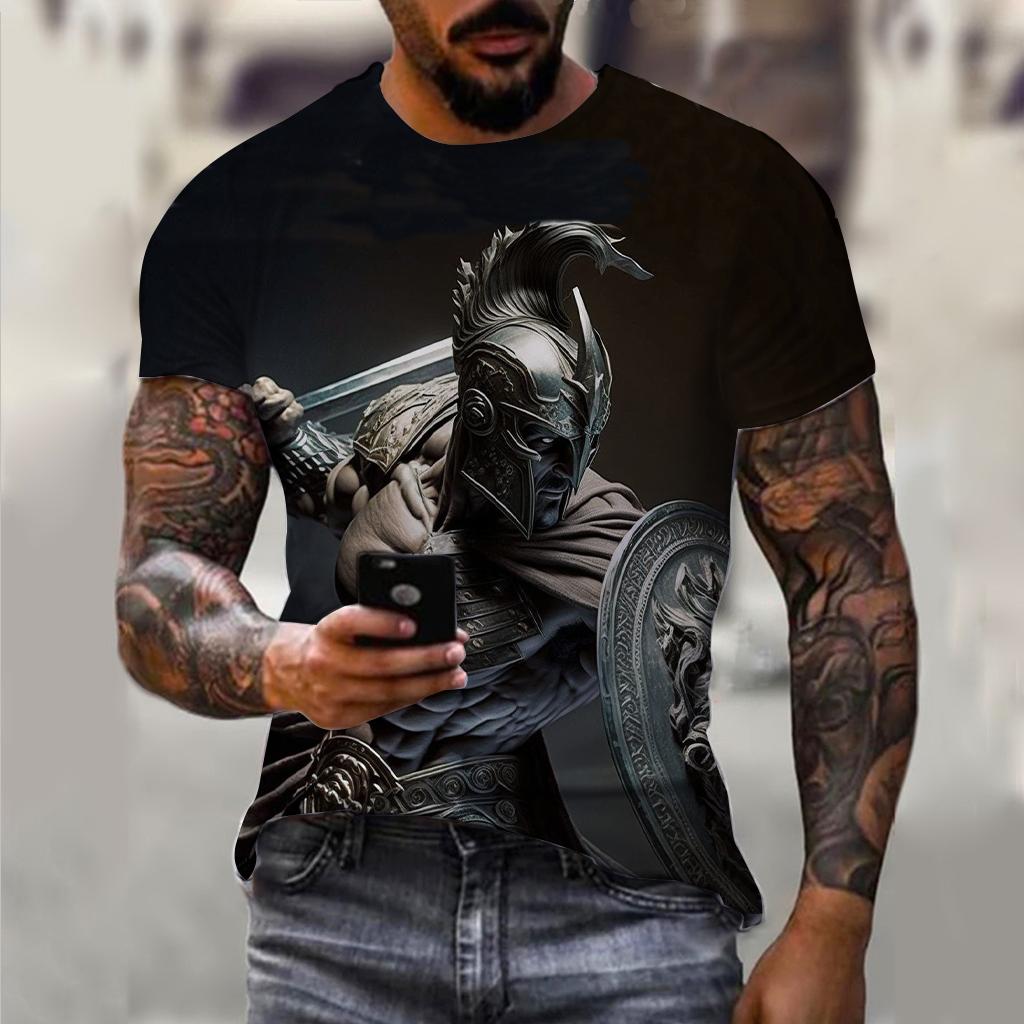 Sparta Neues Mode Heldenmuster T-Shirt Europäische und Amerikanische Sommer Mode Kurzarm Oberteile Lässig Personalisierte Aufdrucke Rundhals Streetwear
