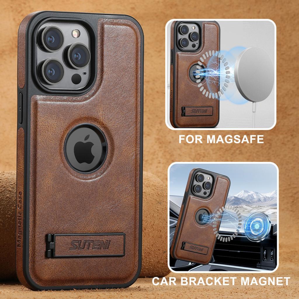 For iPhone 15 14 13 12 Pro Max Leather Case, [Compatible with Mag-safe] Built-in Invisible Stand Protective Slim Kickstand Cover