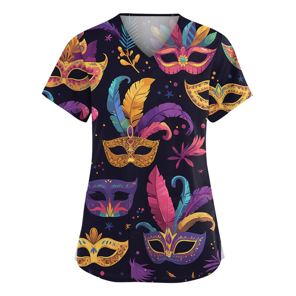 Women's Fashionable V-neck Workwear Printed Short Sleeved Pocket Side Slit Workwear Basic Pullover Top