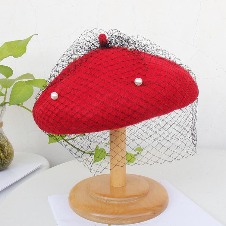 Autumn and winter solid color wool beret women's pearl mesh bud hat small fragrance British retro painter hat tide