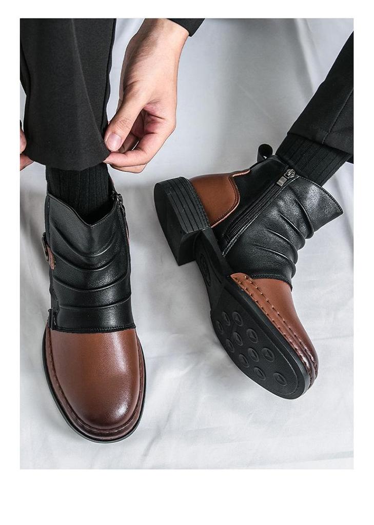 Men's Autumn Color Block Leather Ankle Boots - Plus Size, Thick Sole, British Style, Zipper High Tops, Formal & Casual.