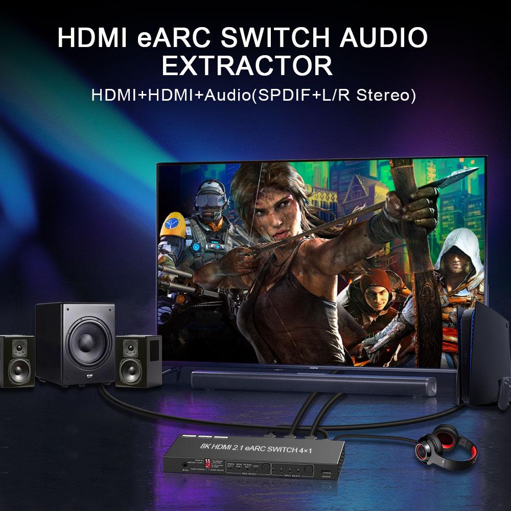 8K HDMI 2.1 Switch EARC Audio Extractor 4 in 1 Out SONOS ARC or AV Receiver SPDIF EDID HDMI Switch for Soundbar
