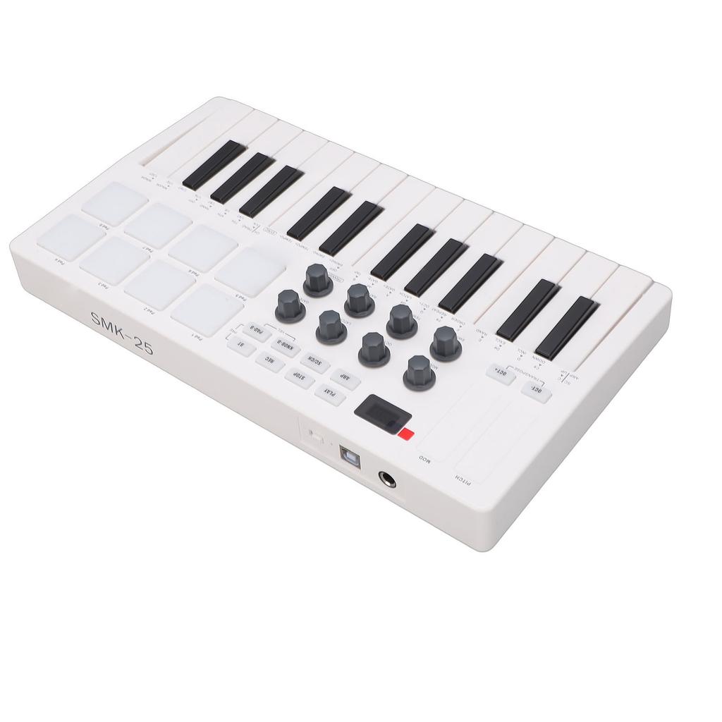 25 Key MIDI Keyboard Controller   with 8 Backlit   Pads 8 Knobs Portable for Computer Recording Music Production White