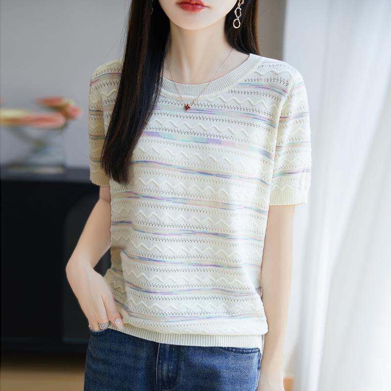 Women Knit T-shirt Summer Knitted Shirt Short Sleeve Tees O-neck Pullover Knit Tops Female