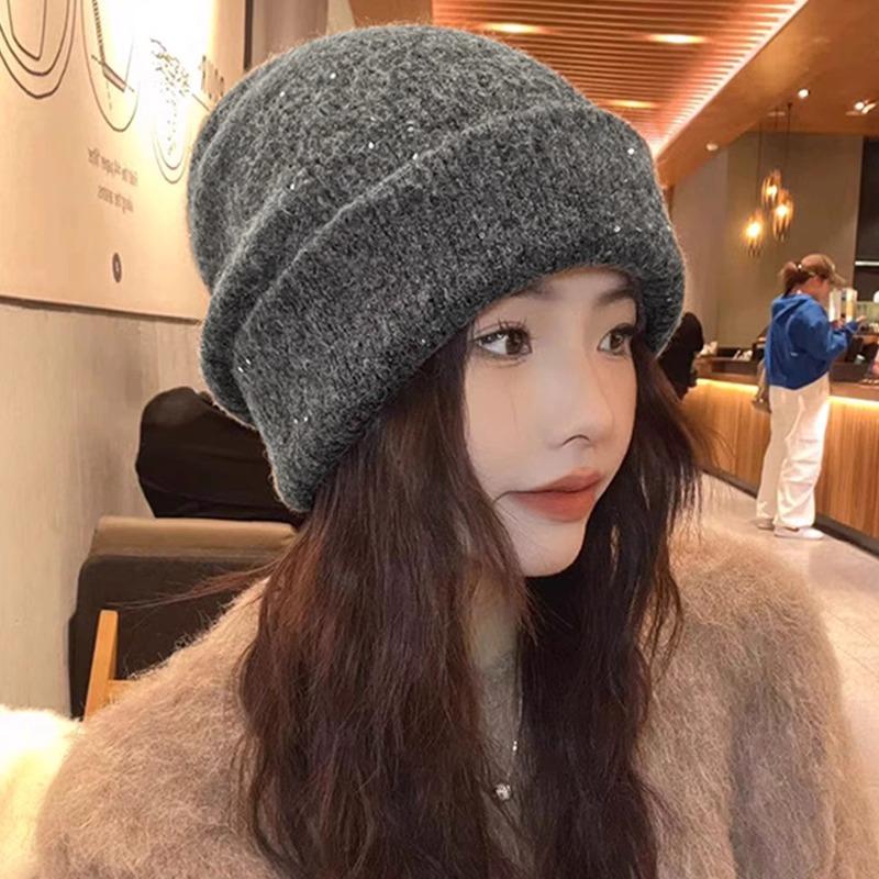 Autumn and Winter Lazy Style Sequins Thick Piles of Hats Korean Versatile Windproof and Warm Pull Out Hat Casual Face Showing Small Cold Hat