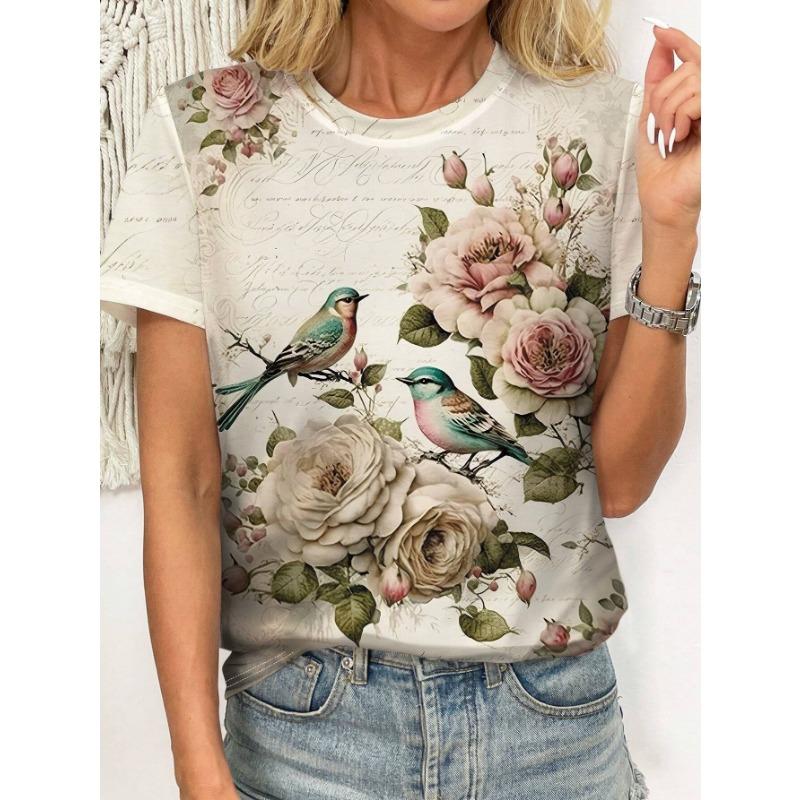 Heart Love Graphics T-Shirts Floral 3D Print Women's Casual Short Sleeves O-Neck T Shirt Y2k Harajuku Tees Tops