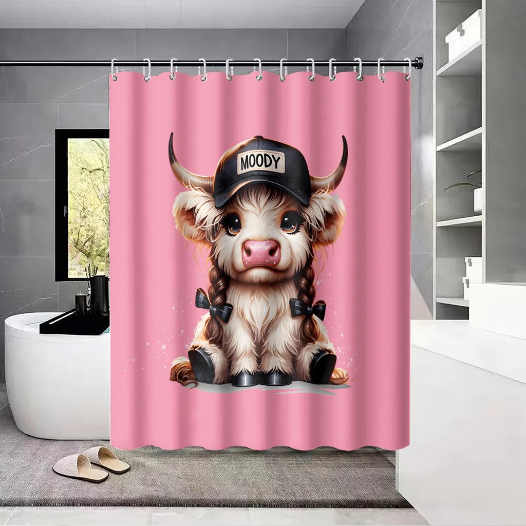 1pc Cartoon Highland Cow Print Waterproof Shower Privacy Hanging Curtain with 12 Hooks, Multiple Sizes Machine Washed