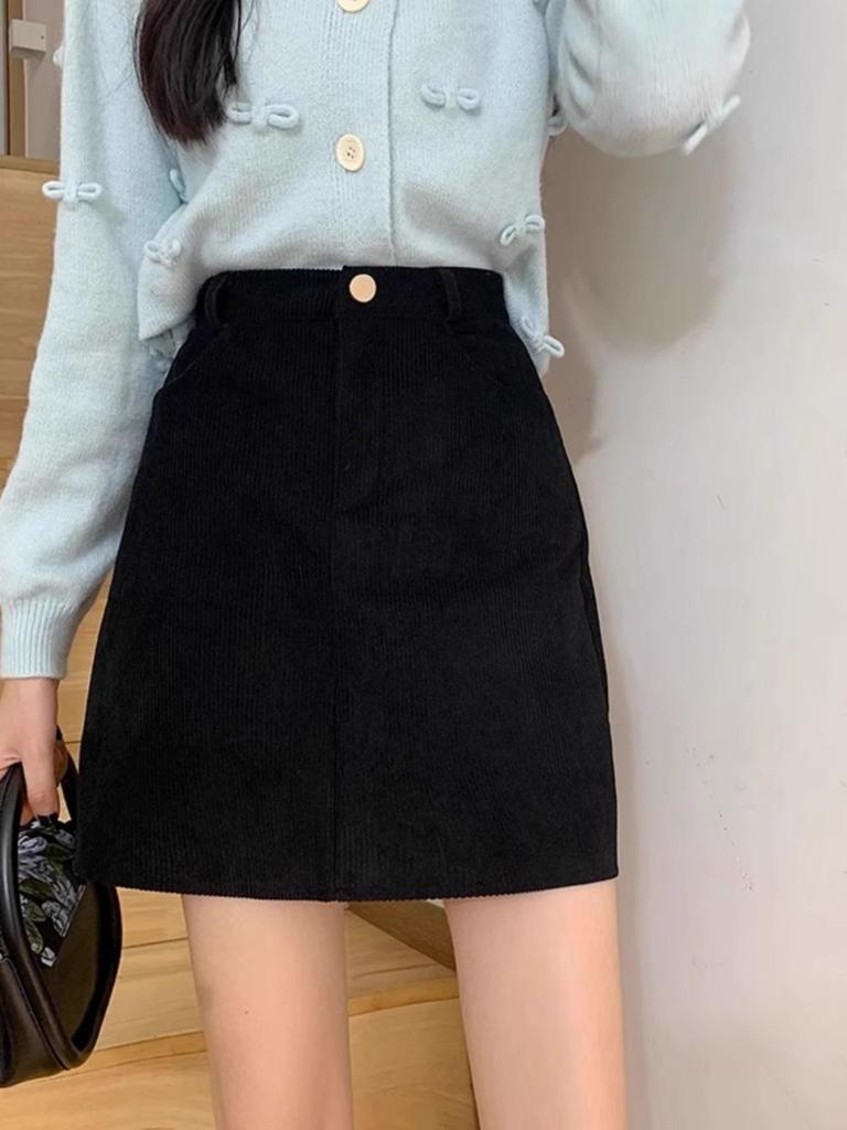 Cord-Minirock in Schwarz mit hoher Taille, A-Linie, für Damen - Herbst/Winter Mode 2026