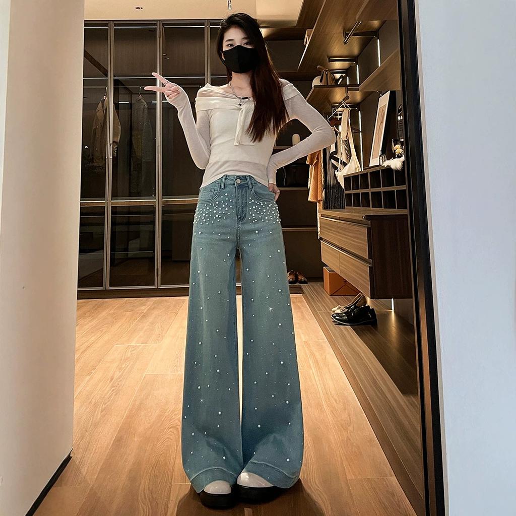 Heavy Industry Explosive Nail Beads Hot Diamond Wide Leg Jeans Women's Spring New High Waist Loose Trend Pearl Floor Pants
