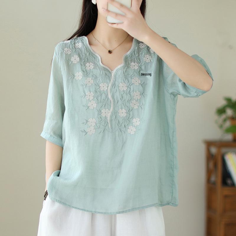 

Women s Ramie Embroidery V-Neck Short Sleeve Summer Blouse - Mori Style Fashion 2XL