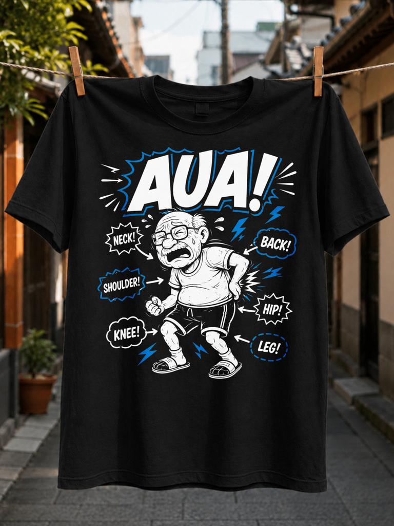 with AUA old man pain comic Neck Back Shoulder Hip Knee Leg blue bolts and funny aging theme Unisex Unisex All T-Shirt