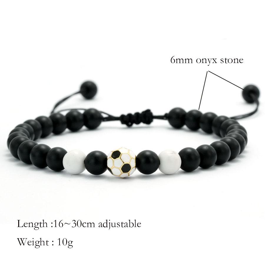 Handgeflochtenes Fußballarmband für Herren, verstellbar, schwarze 6mm Onyx-Steinperlen, Armband für Sportbegeisterte, Fußballarmband, Pulseria