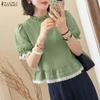Women Casual Round Neck Polka Dot Print Short Sleeve Blouse