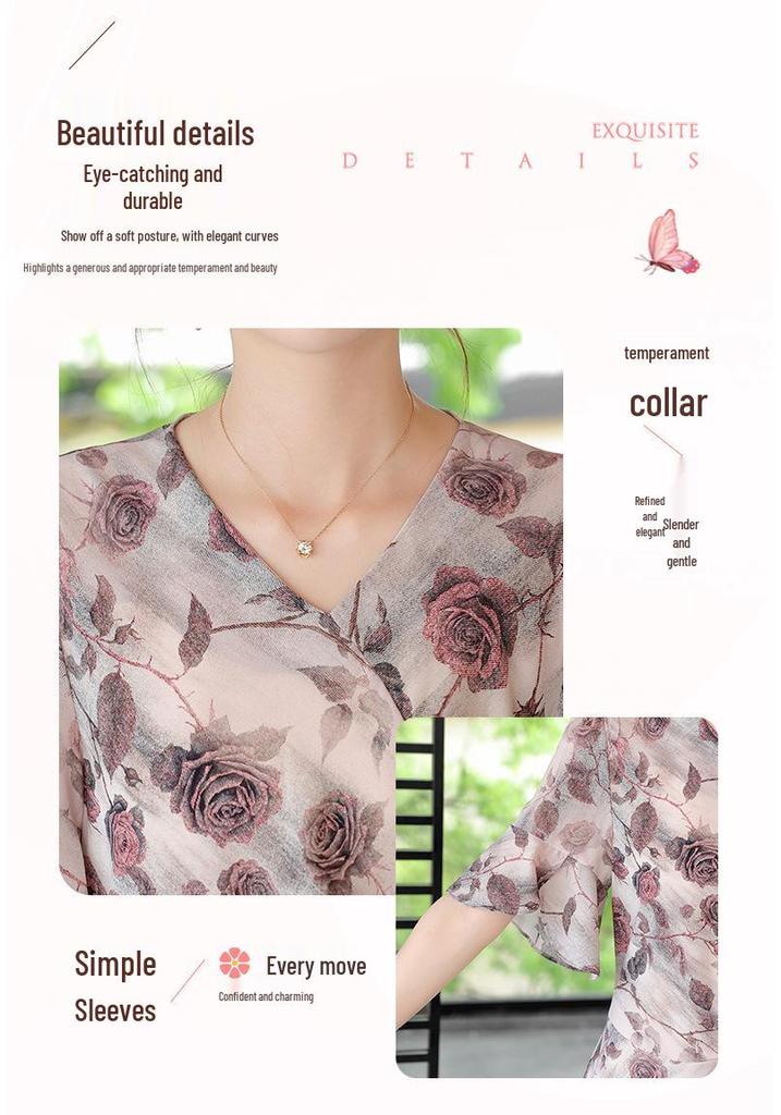 Elegant & Dignified Chiffon Short-Sleeved Dress for Middle-Aged Women - Summer 2026 Collection