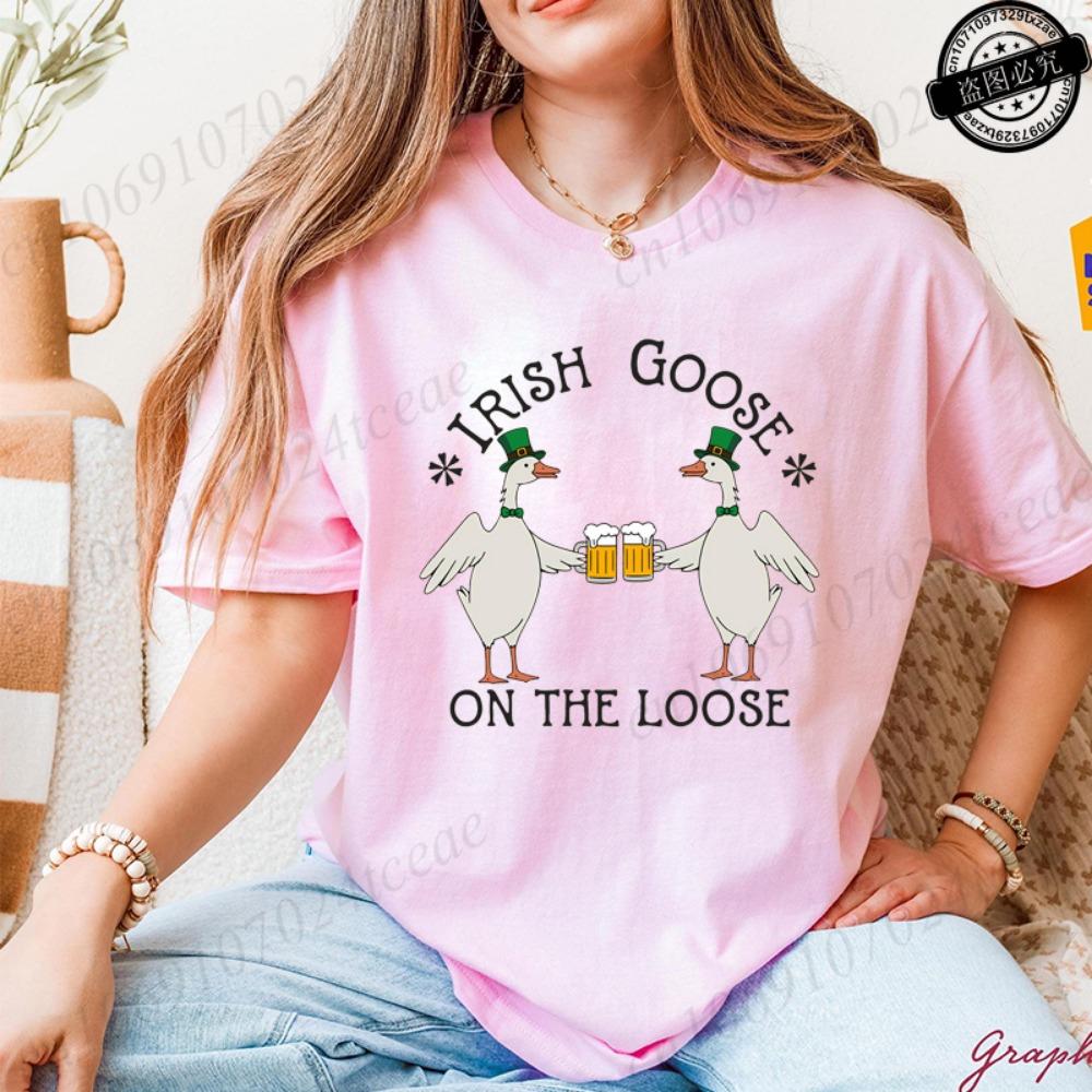 Lucky Goose on The Loose Printed Tshirt Shirt for Women St Patrick's Day T-Shirts Short Sleeve Drinking Goose Fashion Tops Tees