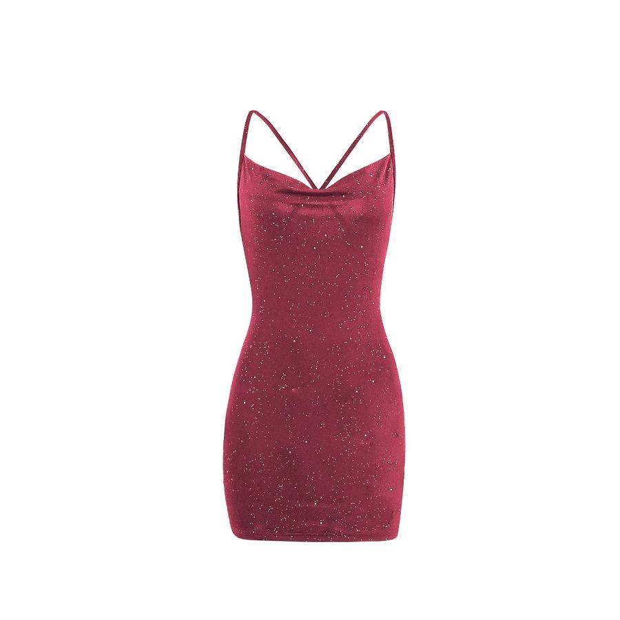 Nuovo Vestito Moda Donna Colore Unito Scollo a V Placcato Oro Sexy Temperamento Slim Fit Spalline Incrociate