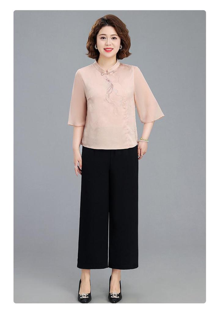 Mom's Summer 2026 Embroidered Two-Piece Set: Short-Sleeved Top and Thin-Style Pants for Middle-Aged Women
