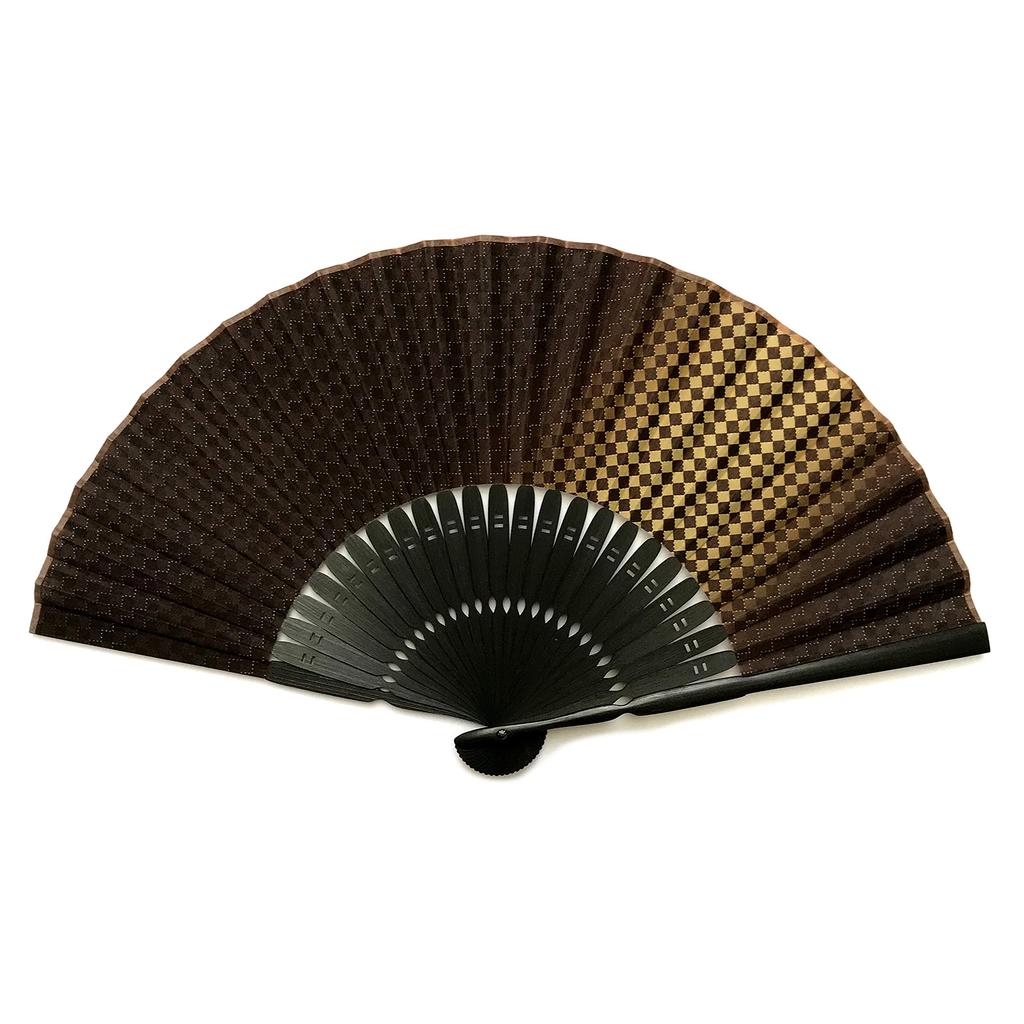Hanakanzashi Folding Fan with Fan Case and Pouch Black and Brown Cotton Checkered Premium Mosaic 6031 Men's Set, Fabric, Pattern, Large, Quality,