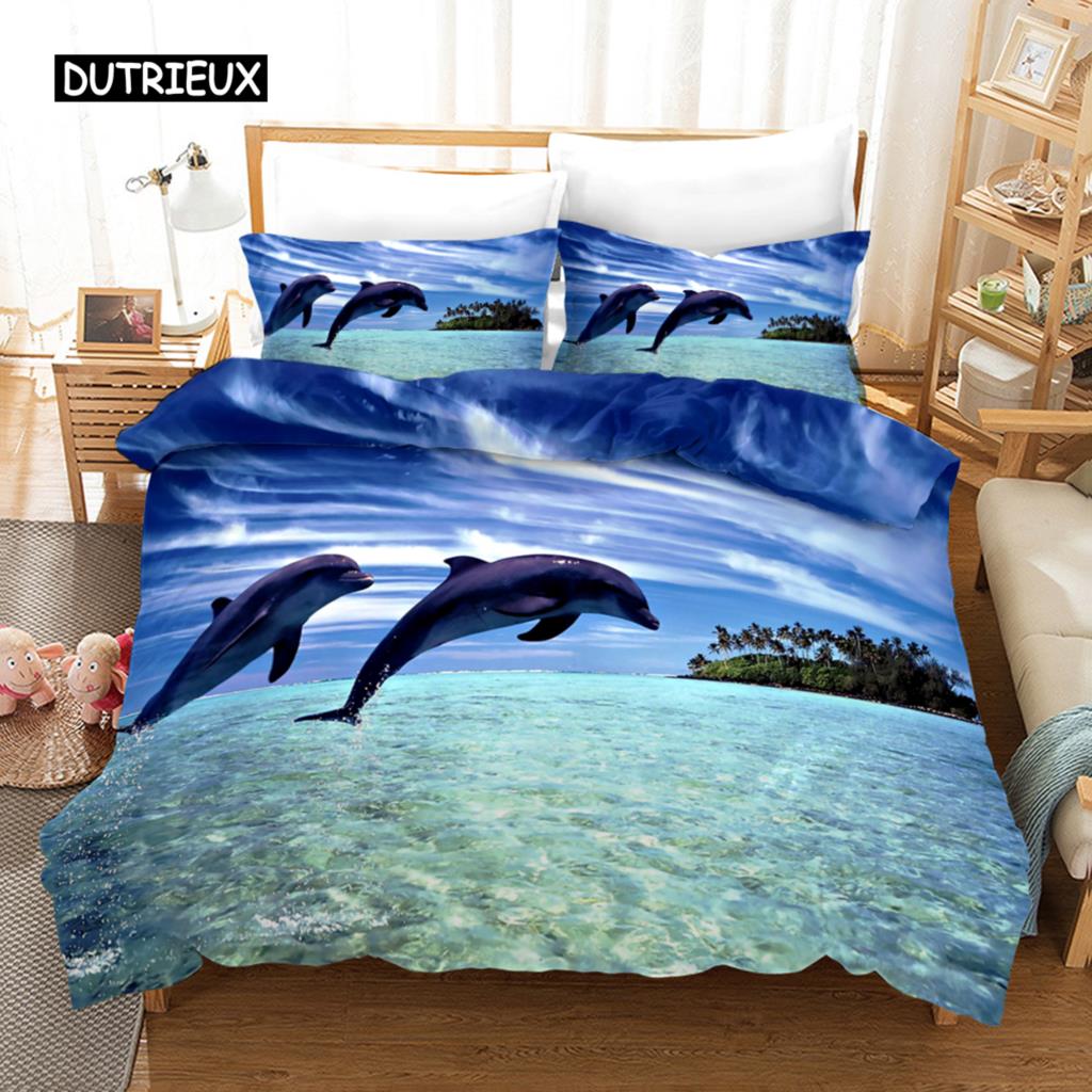 Delfin Bettbezug Set 3D Delfine Springen Bettwäsche Set Polyester Meerestier Thema Für Teenager Doppel Queen King Size Bettdeckenbezug