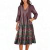 Damen V-Ausschnitt Fließendes Bohemian Langarm Blumenprint Kleid