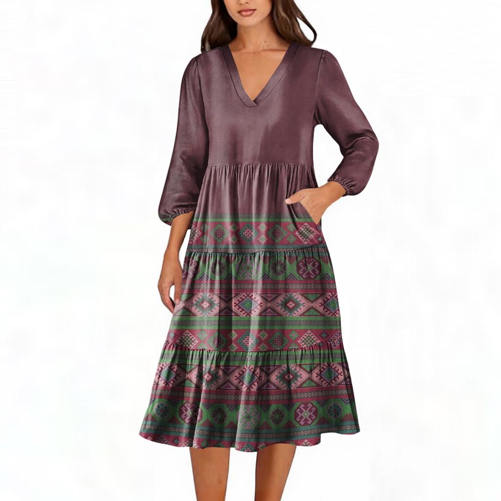 Damen V-Ausschnitt Fließendes Bohemian Langarm Blumenprint Kleid