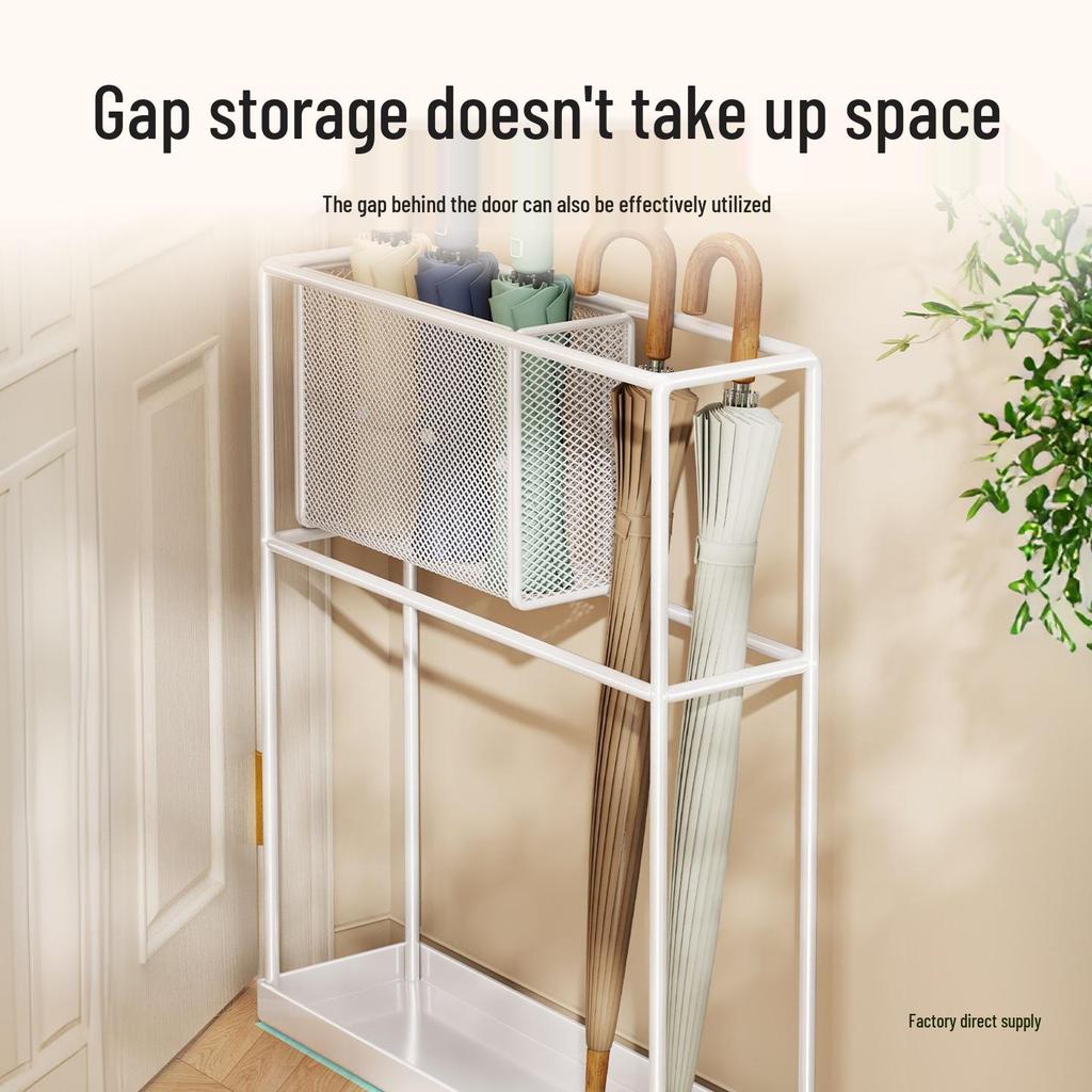 Wrought Iron Umbrella Stand: Compact Doorway Storage Rack & Draining Shelf