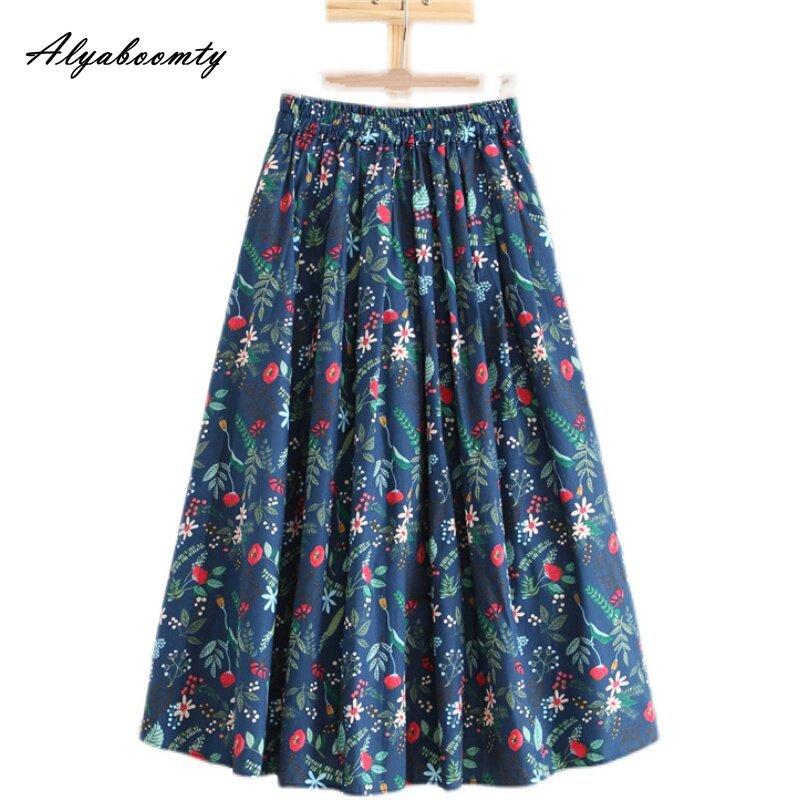 Japanese Mori Girl Spring Summer Women A-Line Skirt Elastic Waist Floral Print Prairie Chic Skirt Elegant Vintage Cotton Linen Skirt